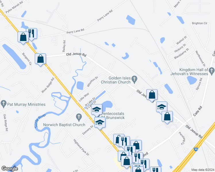 map of restaurants, bars, coffee shops, grocery stores, and more near 200 North Lake Drive in Brunswick