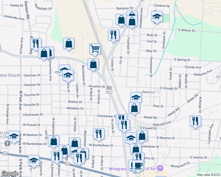 map of restaurants, bars, coffee shops, grocery stores, and more near 839 North Oates Street in Dothan
