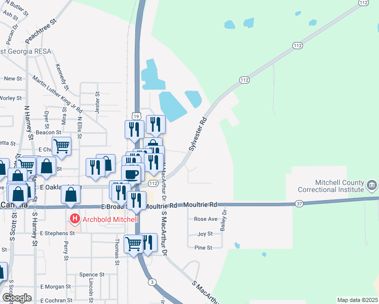 map of restaurants, bars, coffee shops, grocery stores, and more near 379-387 Sylvester Road in Camilla