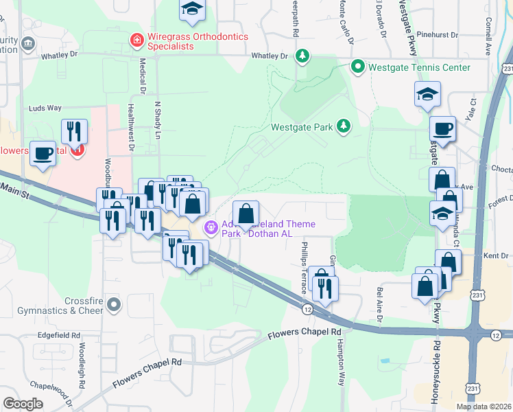 map of restaurants, bars, coffee shops, grocery stores, and more near 116 Cottage Court in Dothan