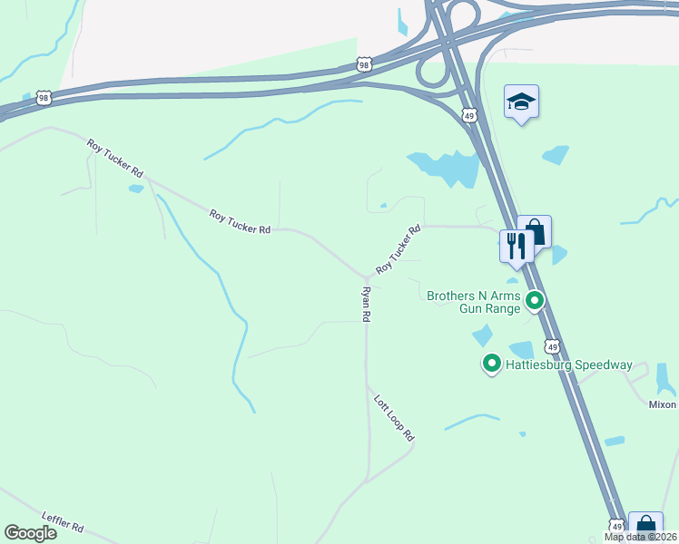 map of restaurants, bars, coffee shops, grocery stores, and more near 303 Tucker Road in Hattiesburg