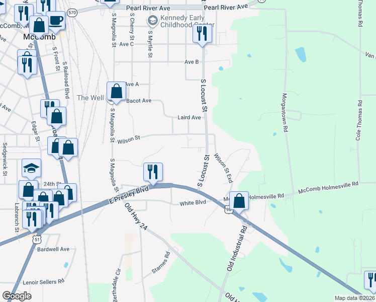 map of restaurants, bars, coffee shops, grocery stores, and more near 909 Pershing Street in McComb
