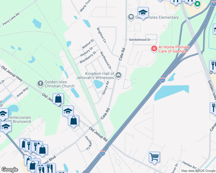 map of restaurants, bars, coffee shops, grocery stores, and more near 201 Spruce Road in Brunswick