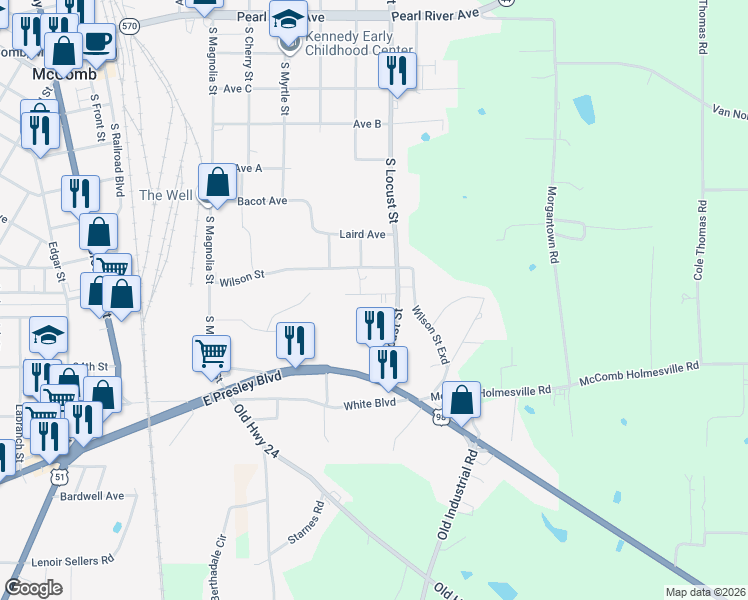 map of restaurants, bars, coffee shops, grocery stores, and more near 1010 Pershing Street in McComb