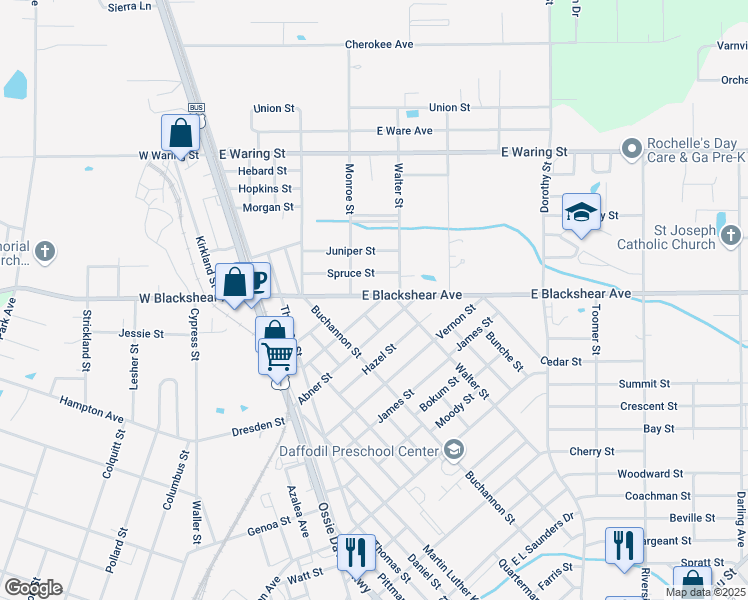 map of restaurants, bars, coffee shops, grocery stores, and more near 355 East Blackshear Avenue in Waycross