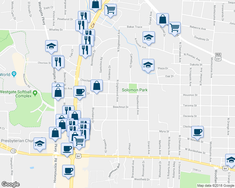 map of restaurants, bars, coffee shops, grocery stores, and more near 401 Forest Drive in Dothan