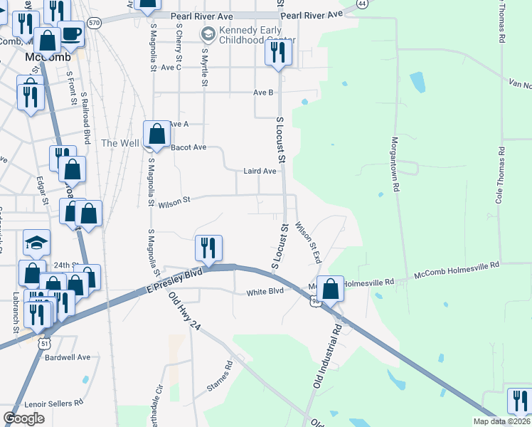 map of restaurants, bars, coffee shops, grocery stores, and more near 1010 Pershing Street in McComb
