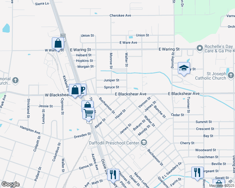 map of restaurants, bars, coffee shops, grocery stores, and more near 355 East Blackshear Avenue in Waycross