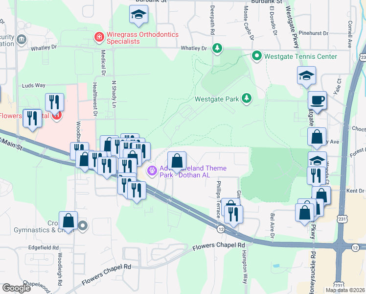 map of restaurants, bars, coffee shops, grocery stores, and more near 116 Cottage Ct in Dothan