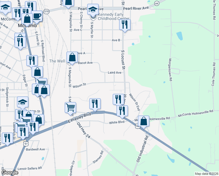 map of restaurants, bars, coffee shops, grocery stores, and more near 909 Pershing Street in McComb