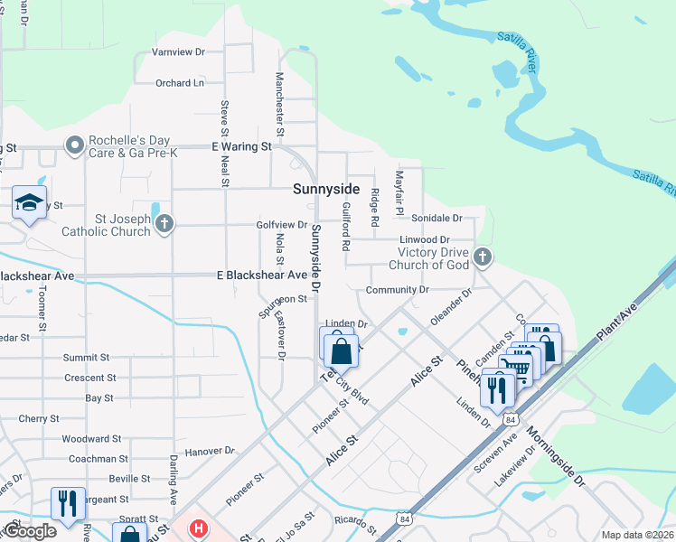 map of restaurants, bars, coffee shops, grocery stores, and more near 705 Kenwood Drive in Waycross