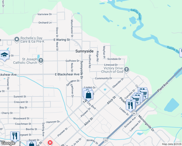 map of restaurants, bars, coffee shops, grocery stores, and more near 705 Kenwood Drive in Waycross