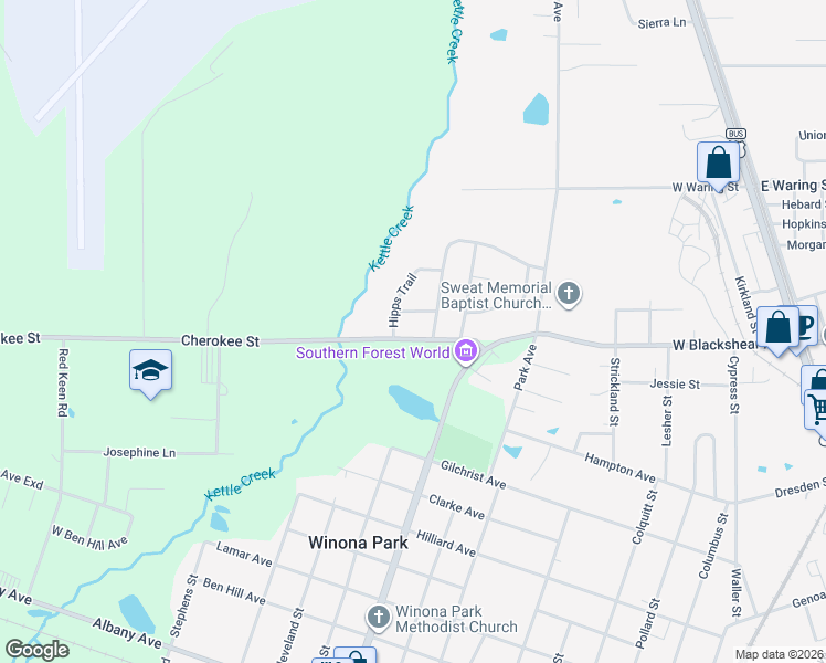 map of restaurants, bars, coffee shops, grocery stores, and more near 2031 Tamara Road in Waycross