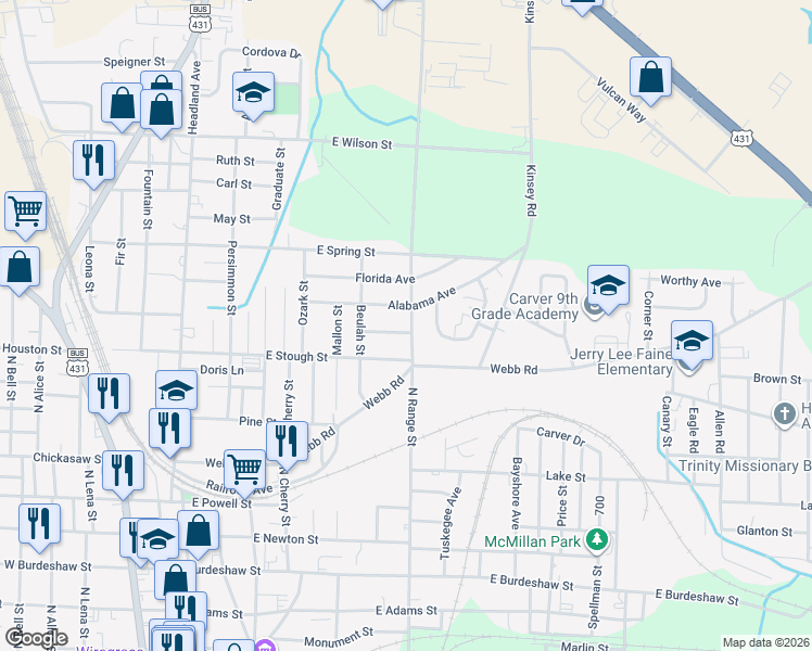 map of restaurants, bars, coffee shops, grocery stores, and more near 1341 N Range St in Dothan