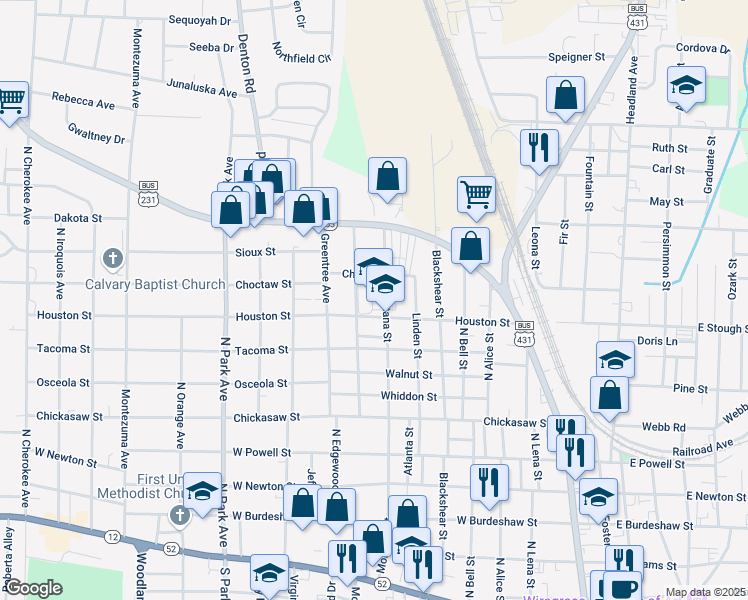 map of restaurants, bars, coffee shops, grocery stores, and more near 1001 Montana Street in Dothan