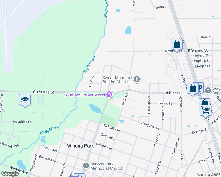 map of restaurants, bars, coffee shops, grocery stores, and more near 2066 Cherokee Street in Waycross