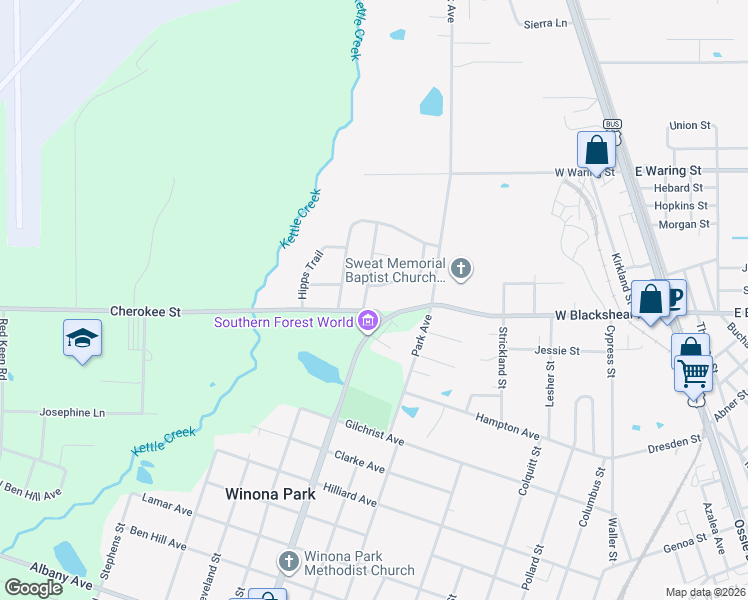 map of restaurants, bars, coffee shops, grocery stores, and more near 2066 Cherokee Street in Waycross