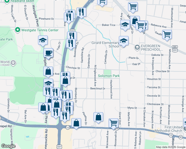 map of restaurants, bars, coffee shops, grocery stores, and more near 400-498 Forest Drive in Dothan