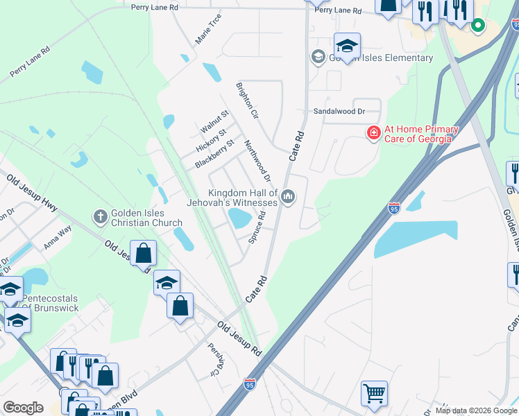 map of restaurants, bars, coffee shops, grocery stores, and more near 201 Spruce Road in Brunswick