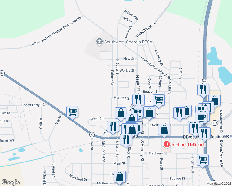 map of restaurants, bars, coffee shops, grocery stores, and more near 124 Palmer Street in Camilla