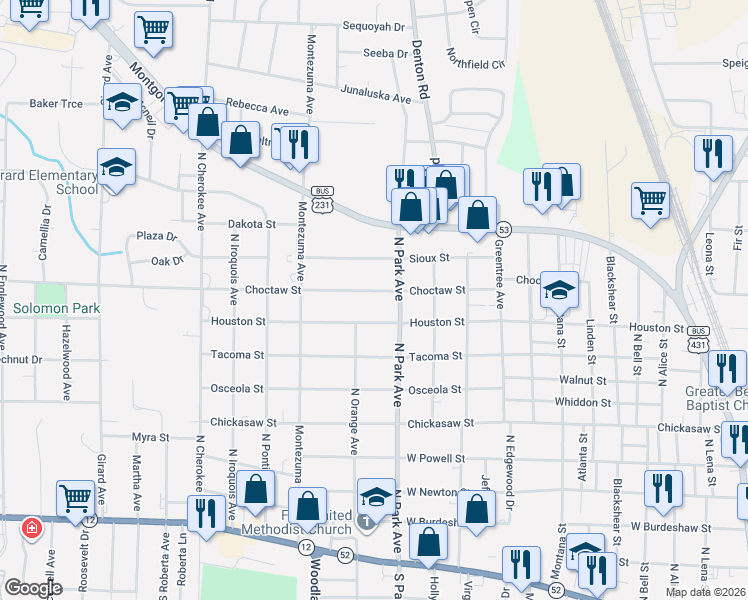 map of restaurants, bars, coffee shops, grocery stores, and more near 1304 Houston Street in Dothan