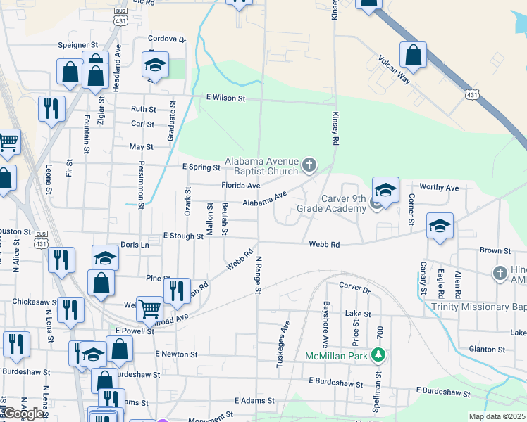 map of restaurants, bars, coffee shops, grocery stores, and more near 1341 N Range St in Dothan
