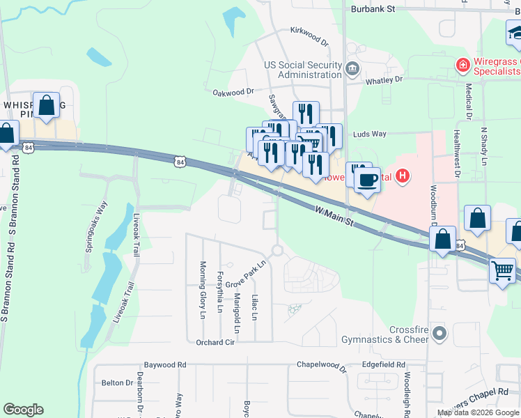 map of restaurants, bars, coffee shops, grocery stores, and more near 200 Grove Park Lane in Dothan