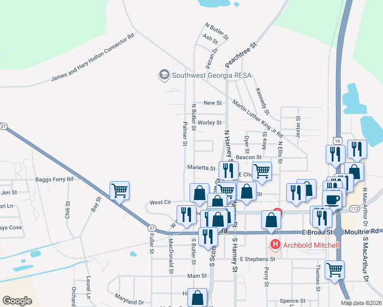 map of restaurants, bars, coffee shops, grocery stores, and more near 188 Palmer Street in Camilla