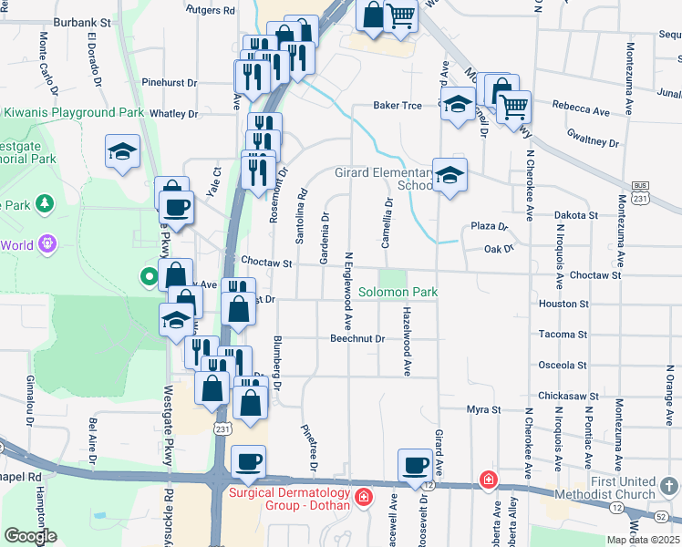 map of restaurants, bars, coffee shops, grocery stores, and more near 407 North Englewood Avenue in Dothan
