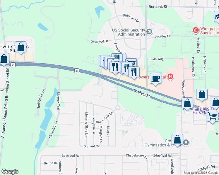map of restaurants, bars, coffee shops, grocery stores, and more near 4801 West Main Street in Dothan