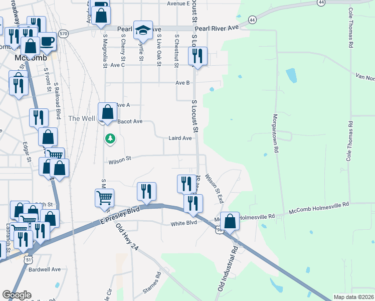 map of restaurants, bars, coffee shops, grocery stores, and more near 602 South Locust Street in McComb