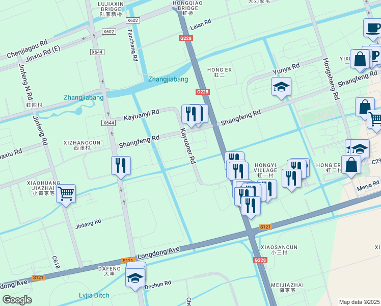 map of restaurants, bars, coffee shops, grocery stores, and more near 108 Ka Yuan Er Lu in Shanghai