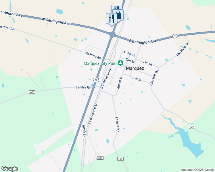 map of restaurants, bars, coffee shops, grocery stores, and more near 402 South Commerce in Marquez
