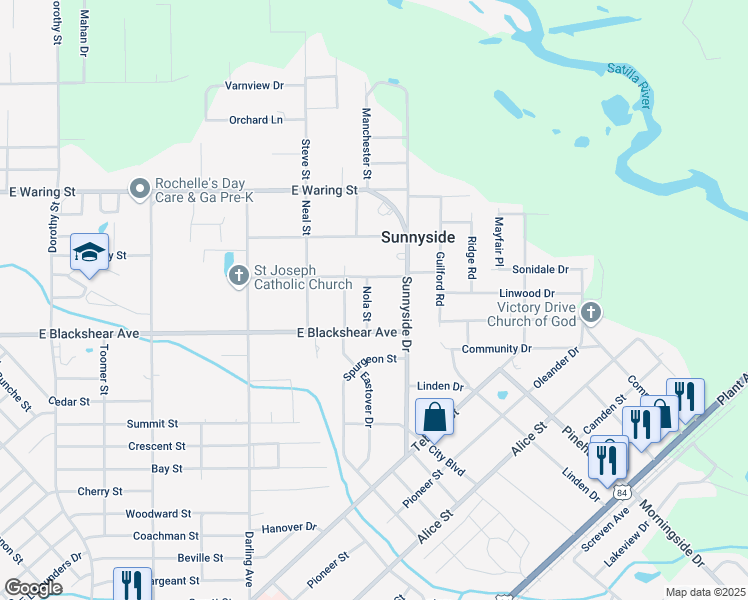 map of restaurants, bars, coffee shops, grocery stores, and more near 2012 Nola Street in Waycross