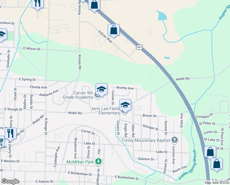 map of restaurants, bars, coffee shops, grocery stores, and more near 1205 Corner Street in Dothan