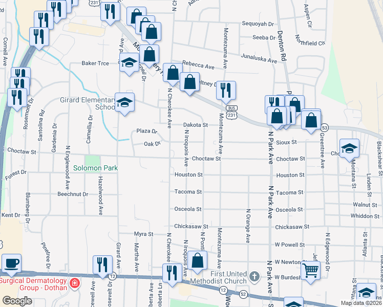 map of restaurants, bars, coffee shops, grocery stores, and more near 800 North Iroquois Avenue in Dothan