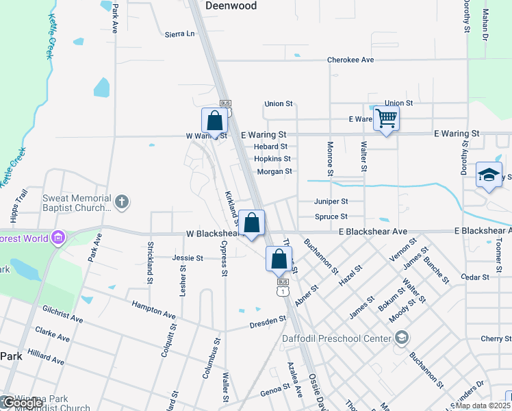 map of restaurants, bars, coffee shops, grocery stores, and more near 1931 State Street in Waycross
