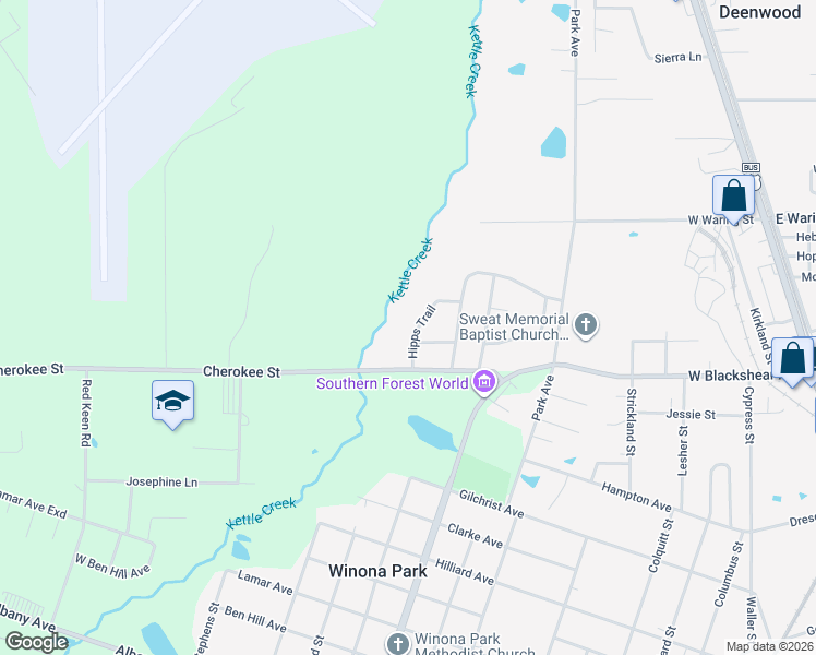 map of restaurants, bars, coffee shops, grocery stores, and more near 2115 Hipps Trail in Waycross