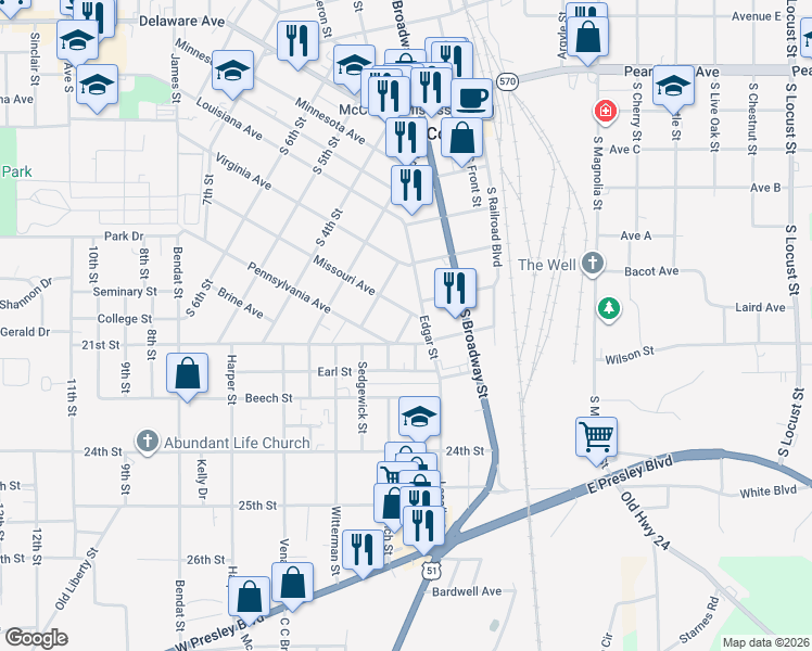 map of restaurants, bars, coffee shops, grocery stores, and more near 1st Street in McComb