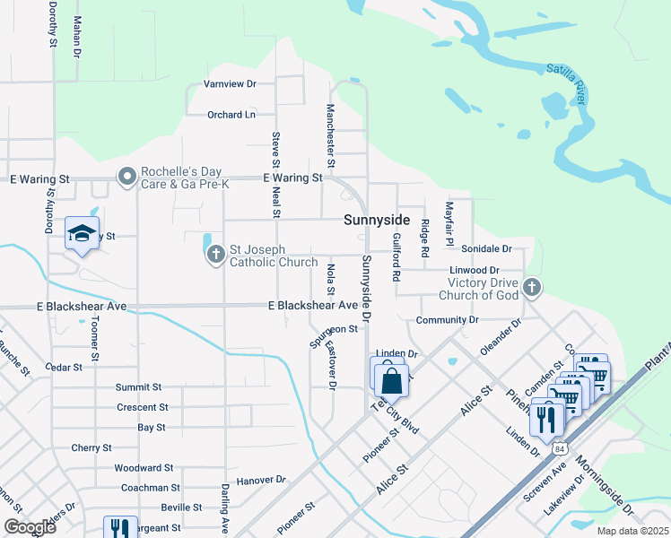 map of restaurants, bars, coffee shops, grocery stores, and more near 2012 Nola Street in Waycross