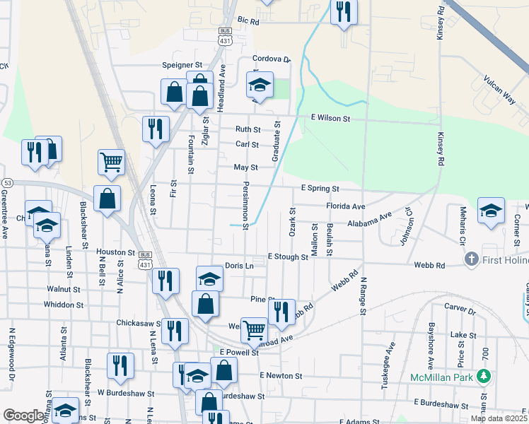 map of restaurants, bars, coffee shops, grocery stores, and more near 1209 Academy St in Dothan