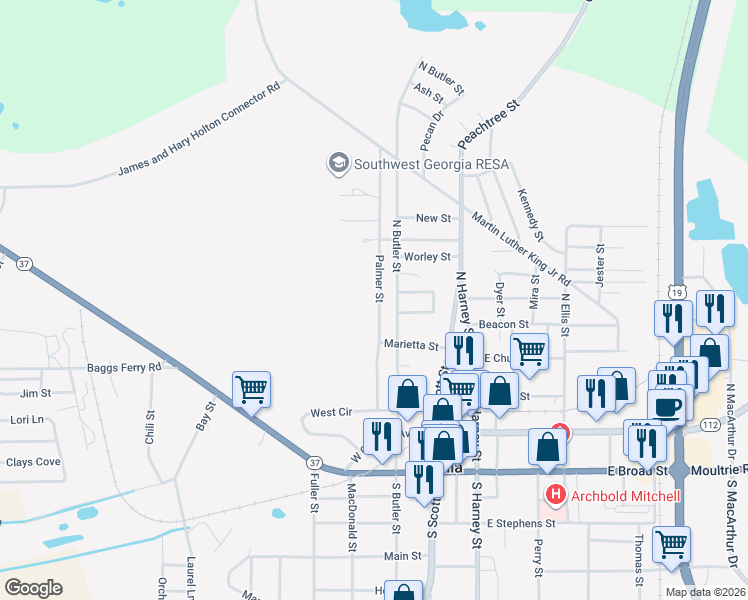 map of restaurants, bars, coffee shops, grocery stores, and more near 188 Palmer Street in Camilla