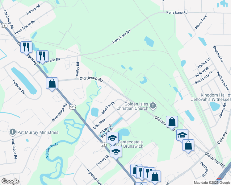 map of restaurants, bars, coffee shops, grocery stores, and more near 2077 Old Jesup Highway in Brunswick