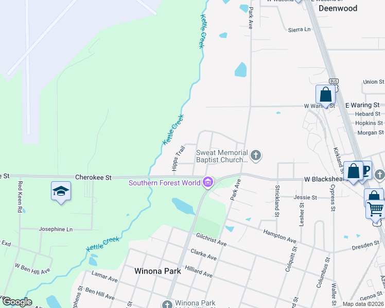 map of restaurants, bars, coffee shops, grocery stores, and more near 2117 Tamara Road in Waycross