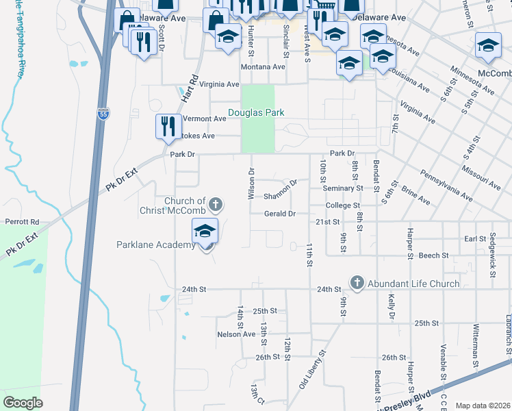 map of restaurants, bars, coffee shops, grocery stores, and more near 303 Wilson Dr in McComb