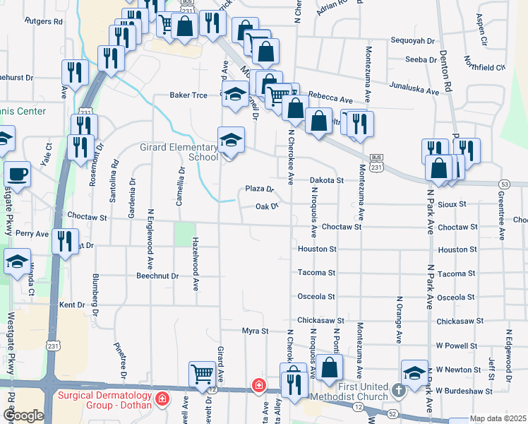 map of restaurants, bars, coffee shops, grocery stores, and more near 1511 Oak Drive in Dothan