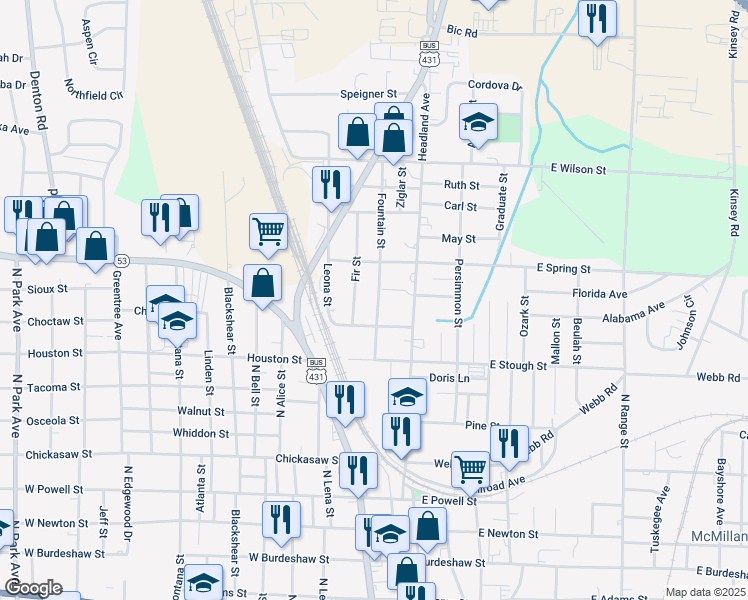 map of restaurants, bars, coffee shops, grocery stores, and more near 1039 Fountain Street in Dothan