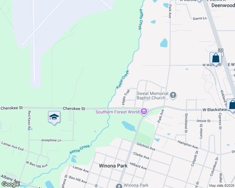 map of restaurants, bars, coffee shops, grocery stores, and more near 2115 Hipps Trail in Waycross