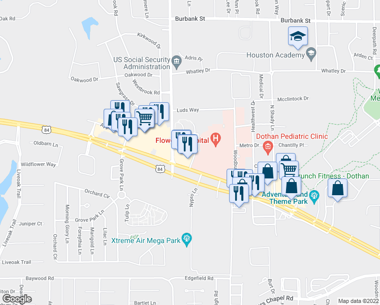 map of restaurants, bars, coffee shops, grocery stores, and more near 4426 West Main Street in Dothan