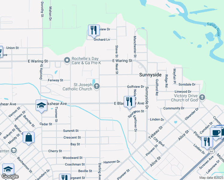 map of restaurants, bars, coffee shops, grocery stores, and more near 2015 Neal Street in Waycross